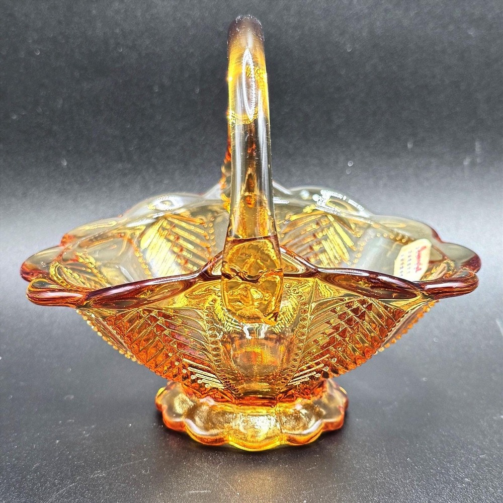 Imperial Carnival Glass Vintage Basket Marigold Iridescent Handle Bowl Feather